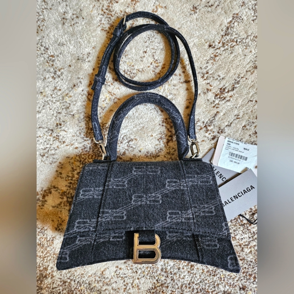 ❌️SOLD❌️ Balenciaga Hourglass Black Denim Bag Top Handle Monogram Laser Small